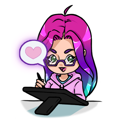 A characterization of Sabelladona the artist. She's sitting a table with a digital drawing tablet in front of her, her hand poised over the drawing surface. She's wearing a pastel pink hoodie, with a pastel blue shirt under it. She's looking at the camera